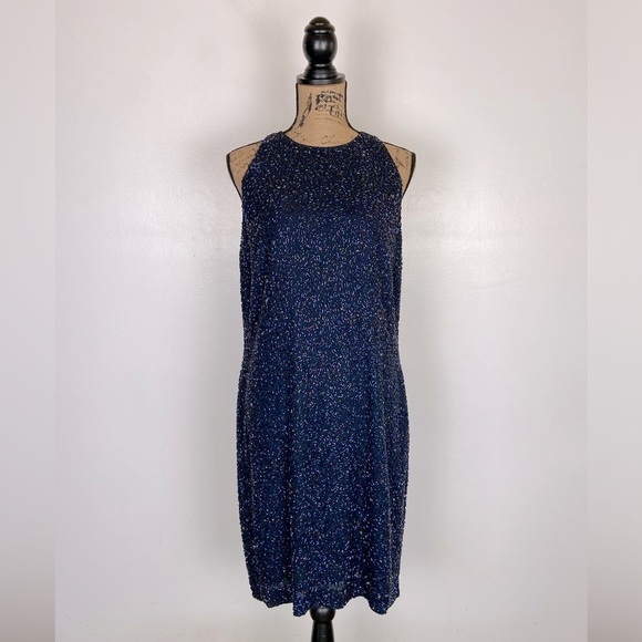 Linda Allard Ellen Tracy Silk Beaded Mini Dress Size 12 Blue Embellished RT $915 - Picture 1 of 13